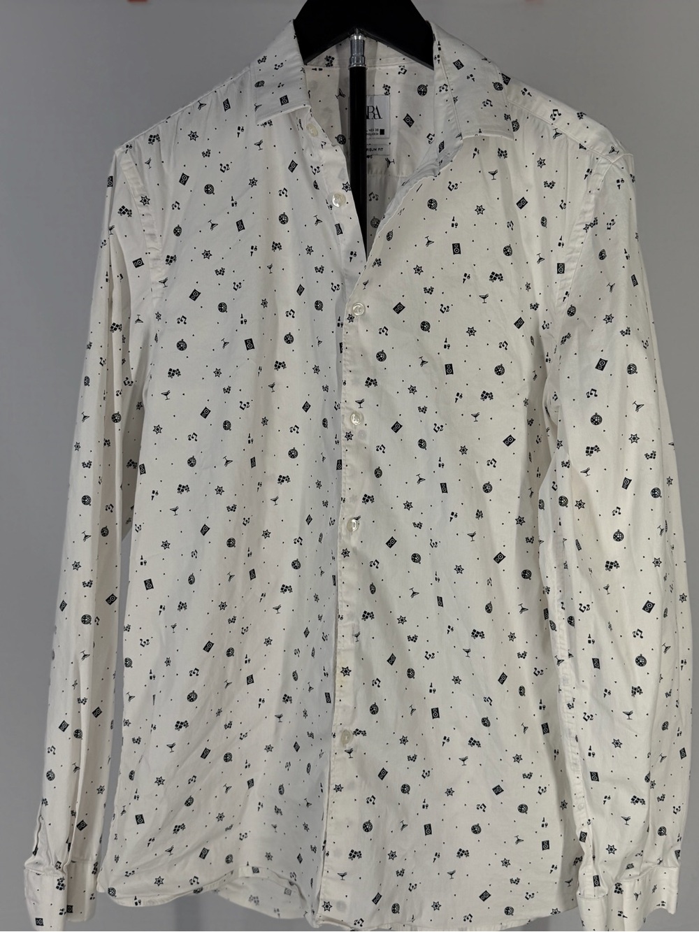 Zara White Long-Sleeve Shirt Jacket with Black Micro Motifs
